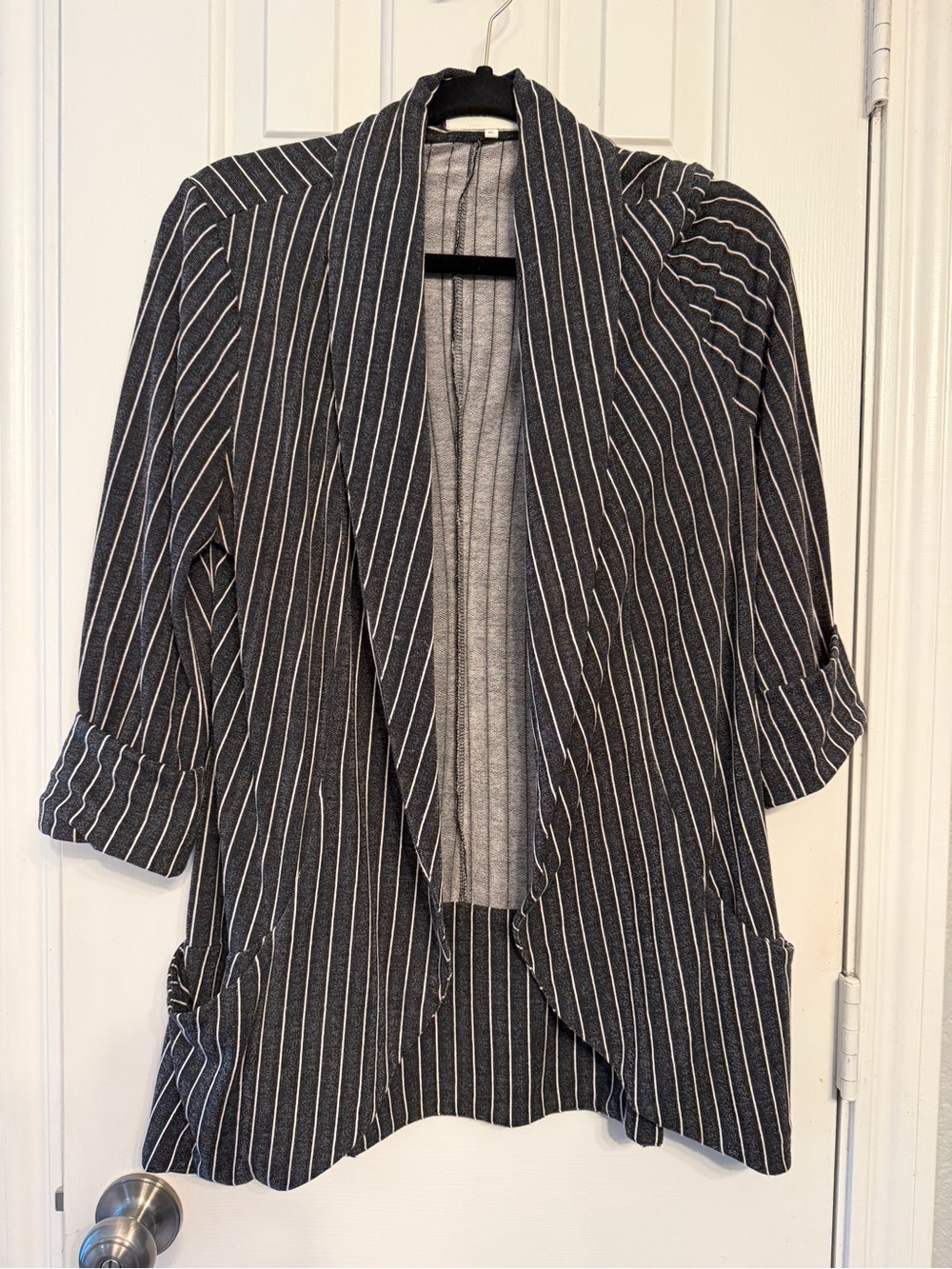 French Mauve Women’s Black Pinstriped Open-Front Blazer Cardigan